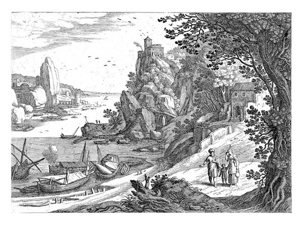 In an Italian landscape, Abraham stands next to Hagar and Ishmael. Hagar has a pitcher in one hand and is holding a cloth to her face with the other. In the background a bay with a rocky coast.