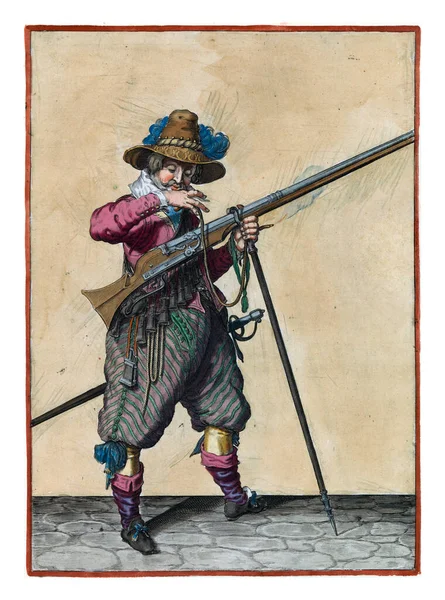 Soldier Guard Full Length Right Holding Musket Type Firearm His — Zdjęcie stockowe