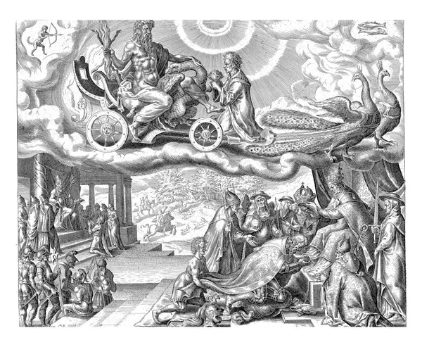 Jupiter rides in his chariot in the sky, pulled by two peacocks. The signs of Sagittarius and Pisces indicate which people belong to Jupiter\'s sphere of influence.