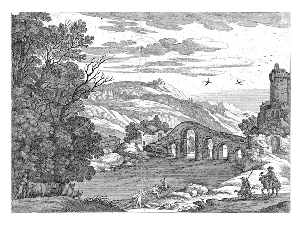 Hilly Landscape Intersected River River Stone Bridge Five Arches Rowing — Φωτογραφία Αρχείου