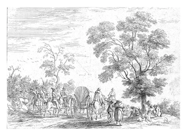 Landscape Which Riders Path Covered Wagon Middle Right Large Tree — Φωτογραφία Αρχείου