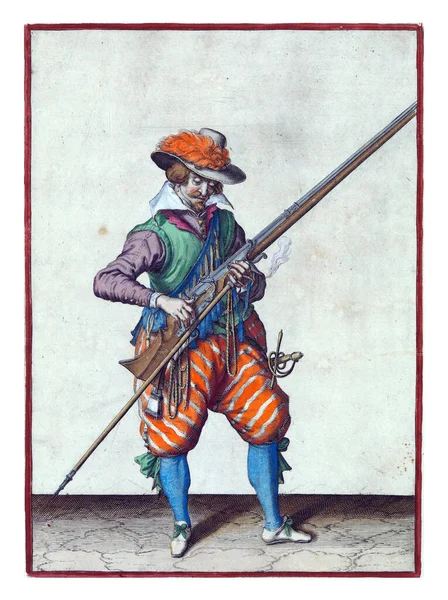 Soldier Full Length Right Holding Musket Type Firearm His Left — Stock Fotó