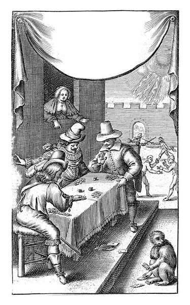 Men Play Dice Monkey Sitting Floor Playing Cards — Fotografia de Stock