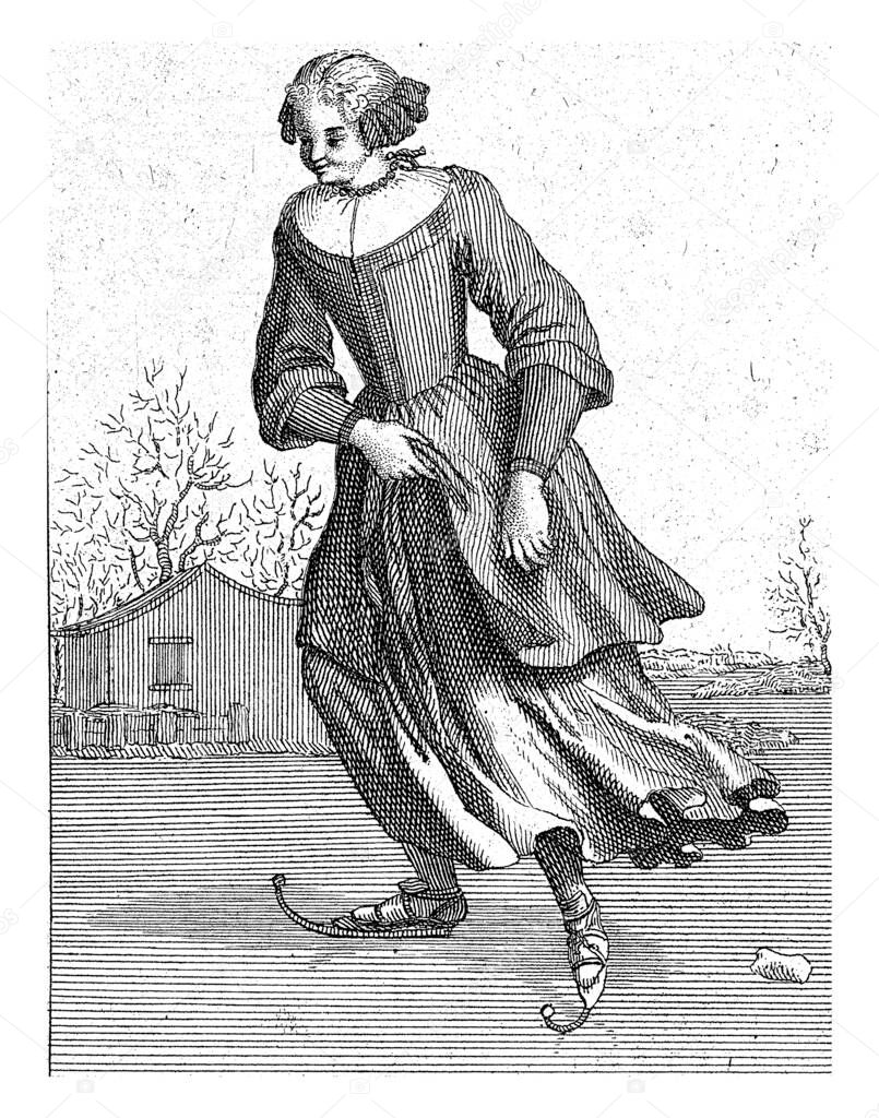 A young woman skates across the ice to the left, her skirts flapping in the wind. Behind her a house and some trees.