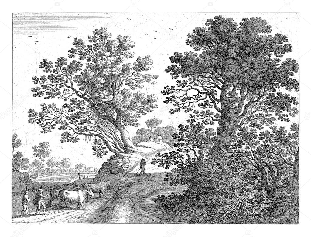 In a hilly landscape, on a road with trees on either side, two cow floats with three cows walk. Three more men walk ahead of the cows. Print from a series of Italian landscapes.