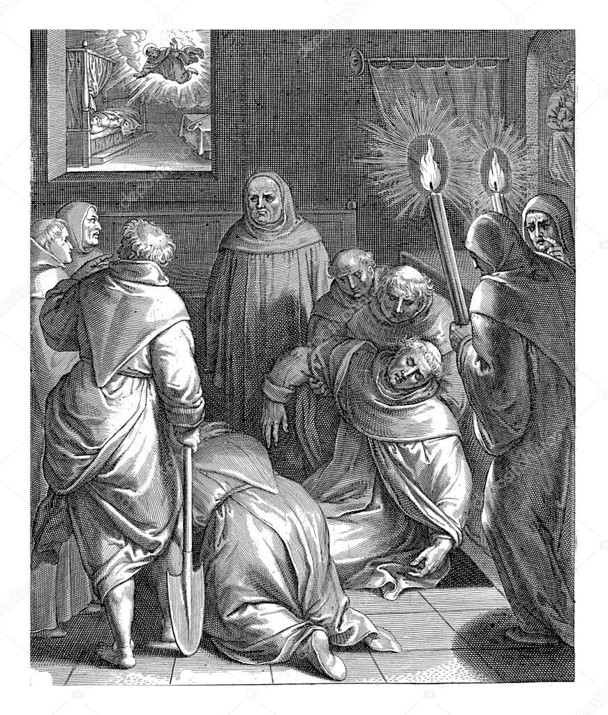 A monk lifts the body of Thomas Aquinas from his grave. Other monks are watching. At the top left, Thomas Aquinas appears in an abbot's dream.