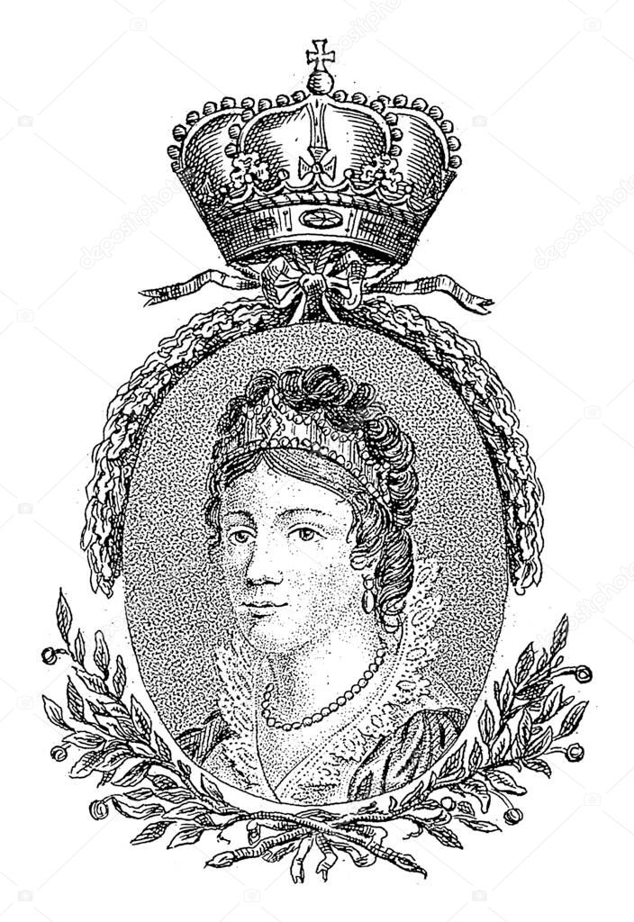 Portrait of Wilhelmina in an oval with laurel leaves. Center above a crown. In the bottom margin her name and title.