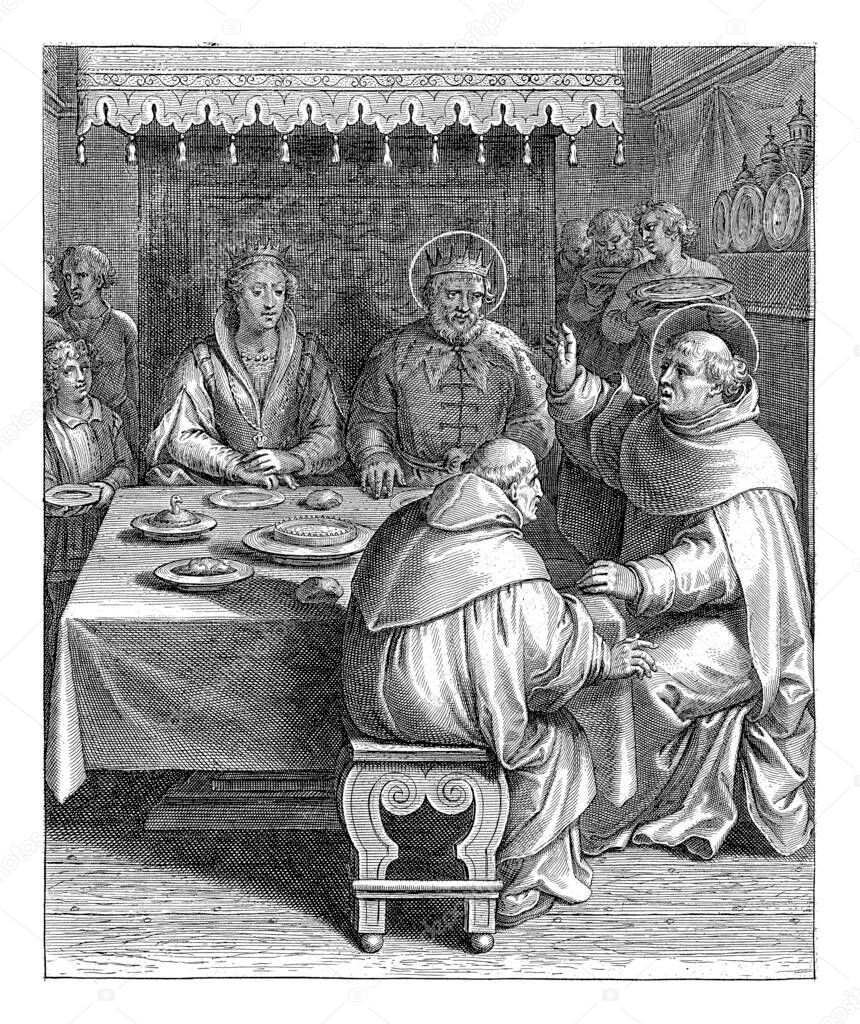 Print from a series of 30 prints depicting the life story of Thomas Aquinas. The prints, designed and published by Otto van Veen