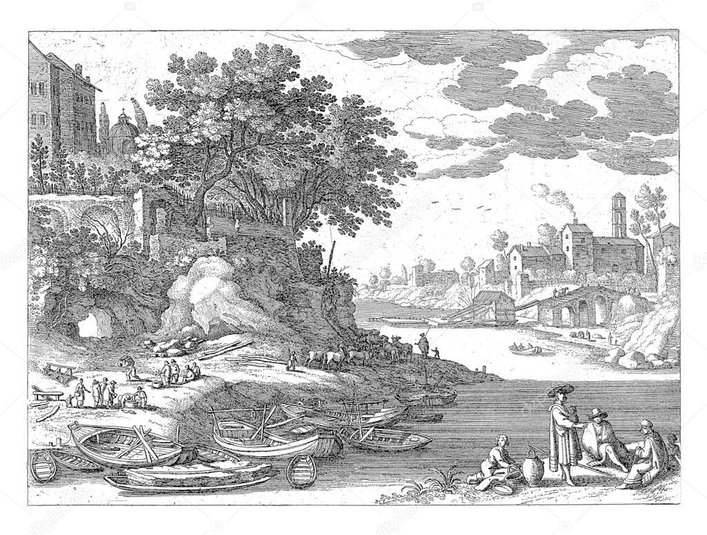 Harbor on a river with moored rowboats. On the left bank several figures and a herd of cattle. On the right bank, a woman with a child in a sling stands next to some seated figures.