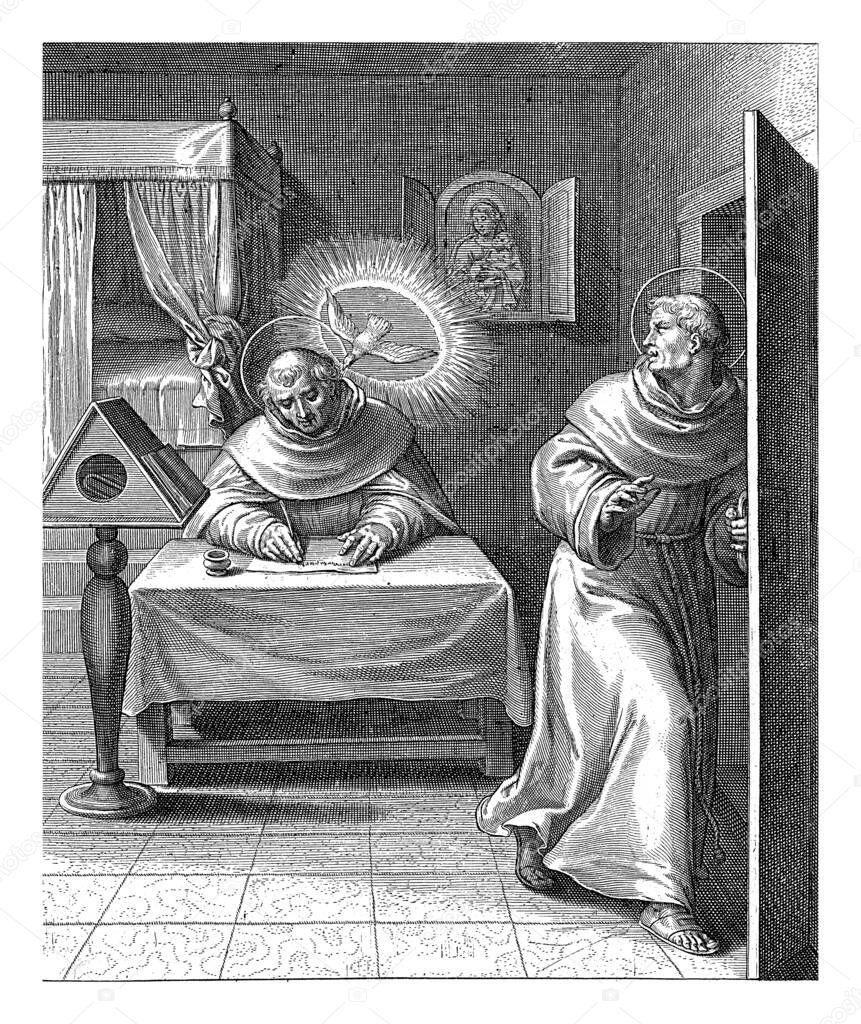 Bonaventura leaves the room in which Thomas Aquinas is writing at his table. He is accompanied by the Holy Spirit as a dove.