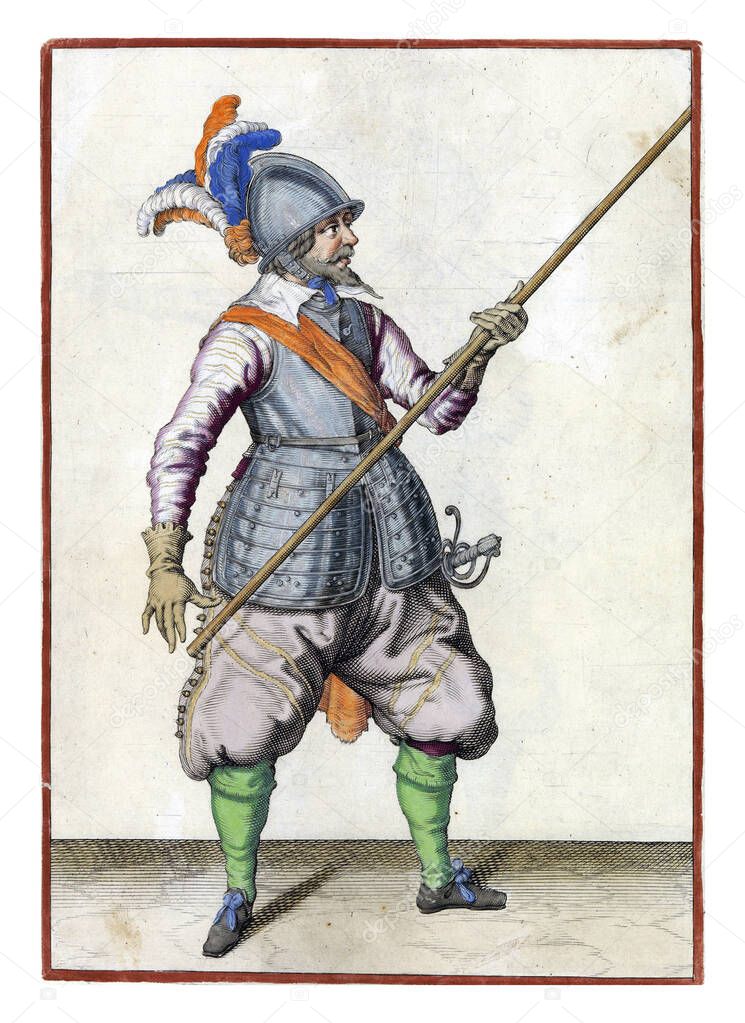 A soldier, full-length, carrying a spear (lance) with his left hand by his right side, the point tilted upwards. This is the second act of lowering the skewer to pass under an arch