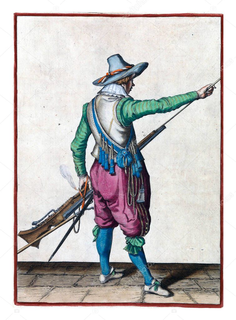 A soldier, full-length, to the right, seen from the back, holding a musket,  with his left hand by his left thigh and pulling the ramrod from the holder under the barrel with his right hand.
