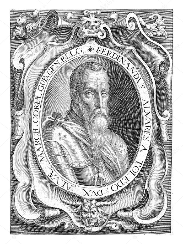 Portrait of Ferdinand Alvarez de Toledo, Duke of Alva (also called the Iron Duke) in a richly decorated cartouche with a devil or a satyr at the bottom of the head.