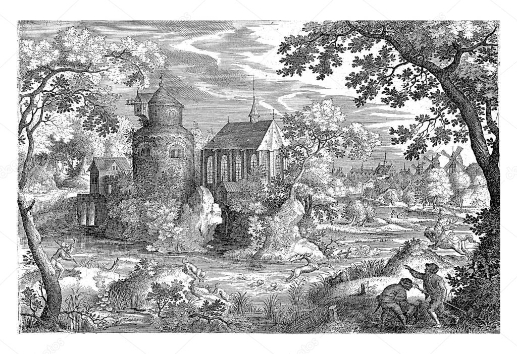 In a wooded swamp near a village and a chapel, a number of men hunt a deer with their dogs.