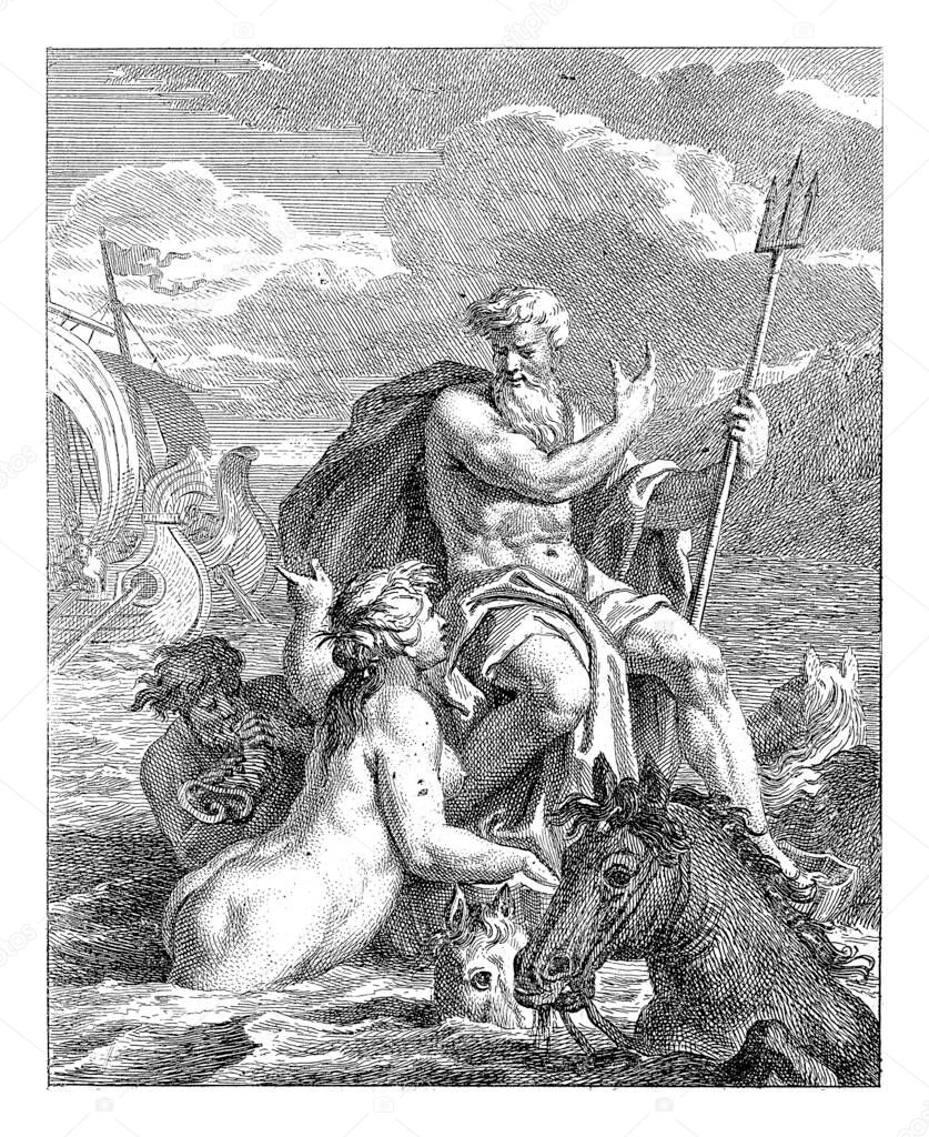 Seascape with Thetis and Neptune. Thetis asks Neptune to destroy the ship on which Paris and Helena sail to Greece. Neptune, surrounded by horses, is holding a triton in his left hand