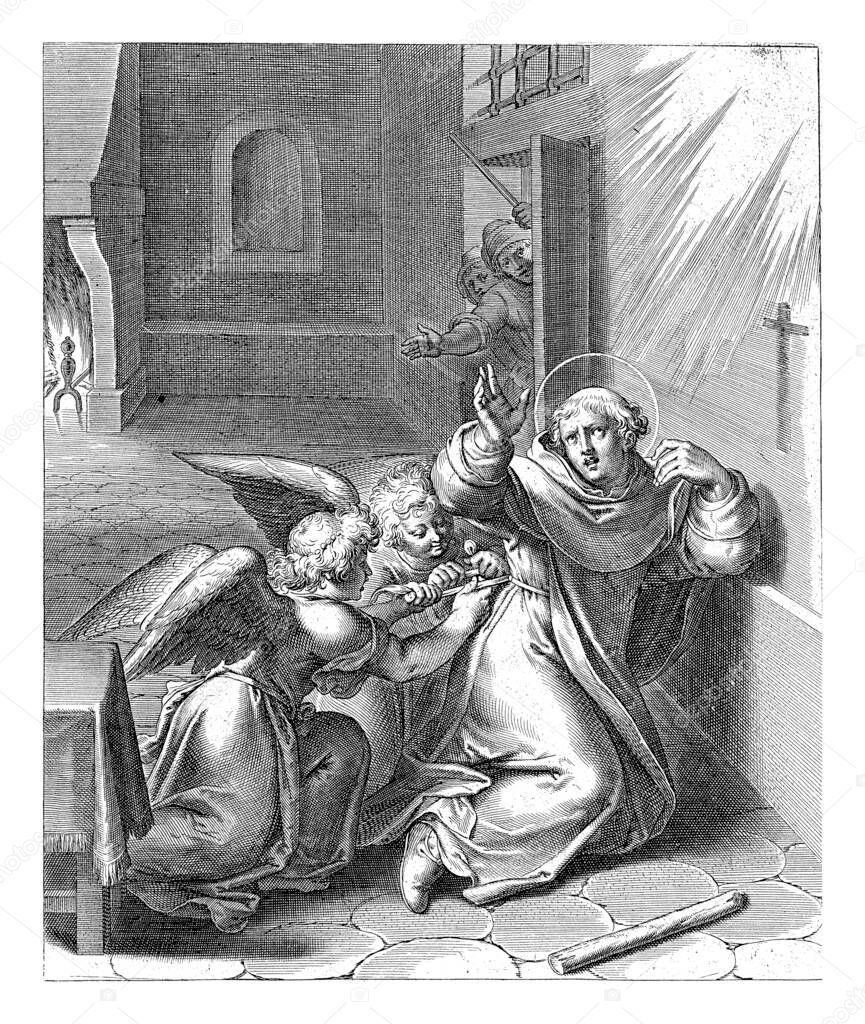 Thomas makes a cross on the prison wall with soot and prays that he will never again feel carnal desire. Two angels then tie him with a string that releases him from desire.