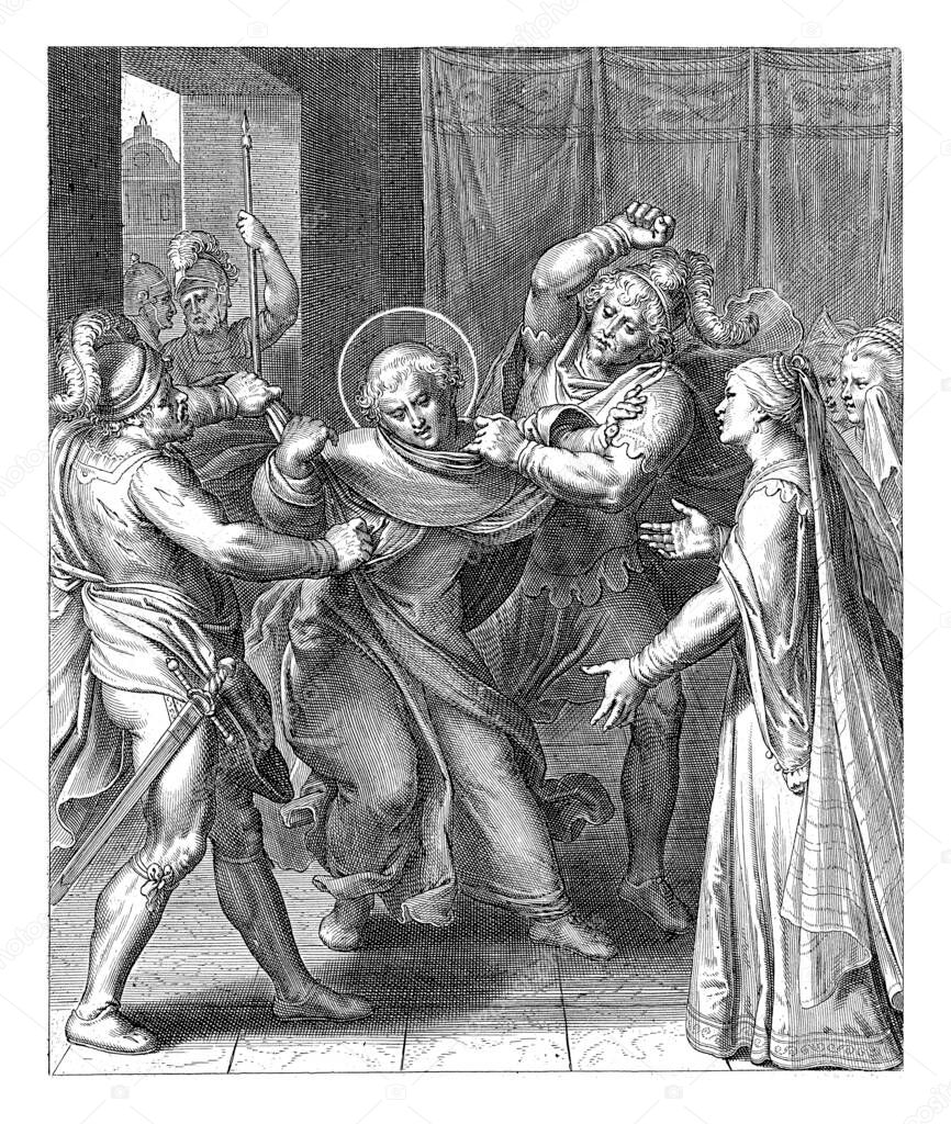 Thomas brothers tear up his habit and put him in prison. Print from a series of 30 prints depicting the life story of Thomas Aquinas.