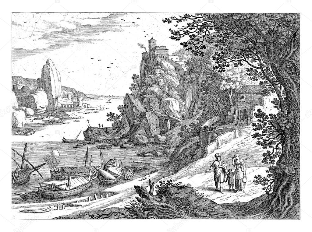 In an Italian landscape, Abraham stands next to Hagar and Ishmael. Hagar has a pitcher in one hand and is holding a cloth to her face with the other. In the background a bay with a rocky coast.