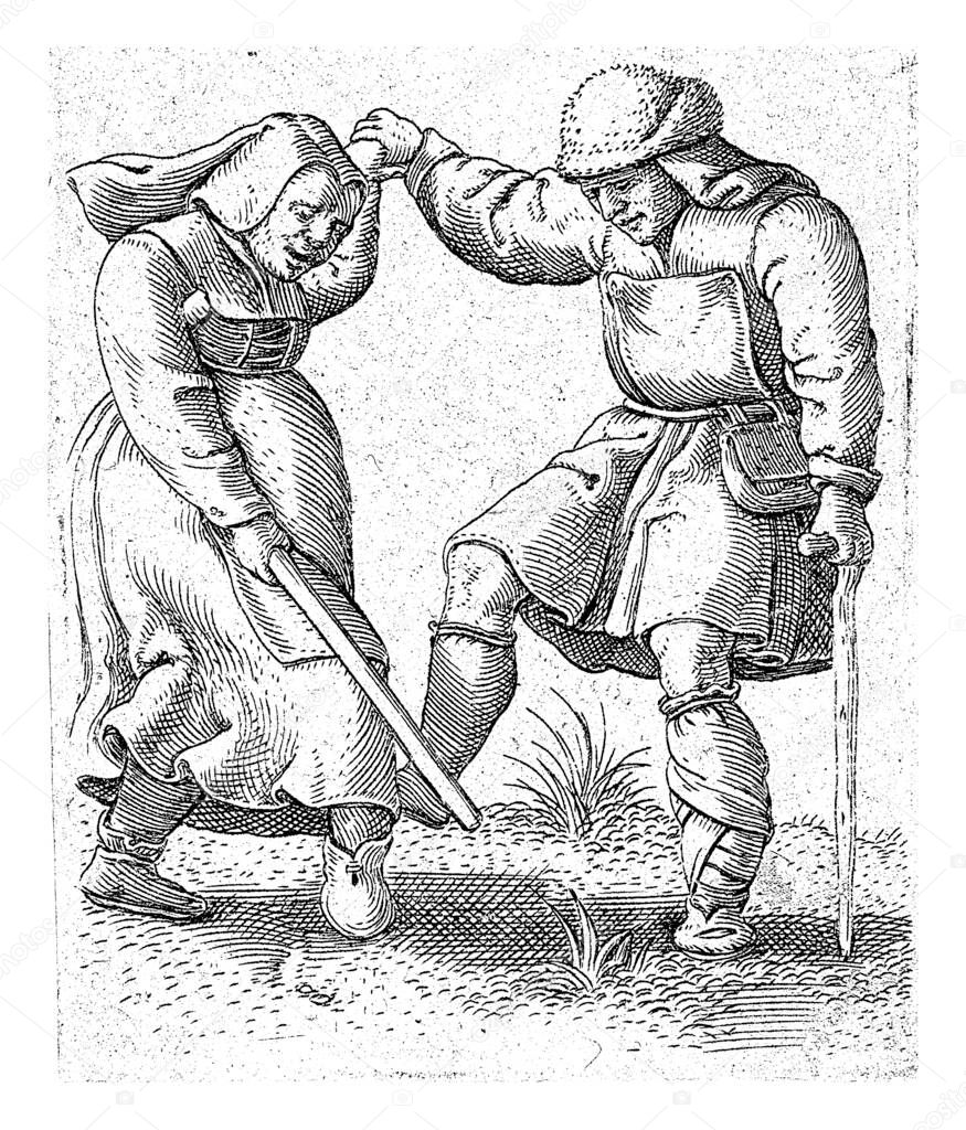 A woman and a man dressed as farmers dance and hold hands. The woman is holding a stick in the other hand and the man is leaning on a crutch.