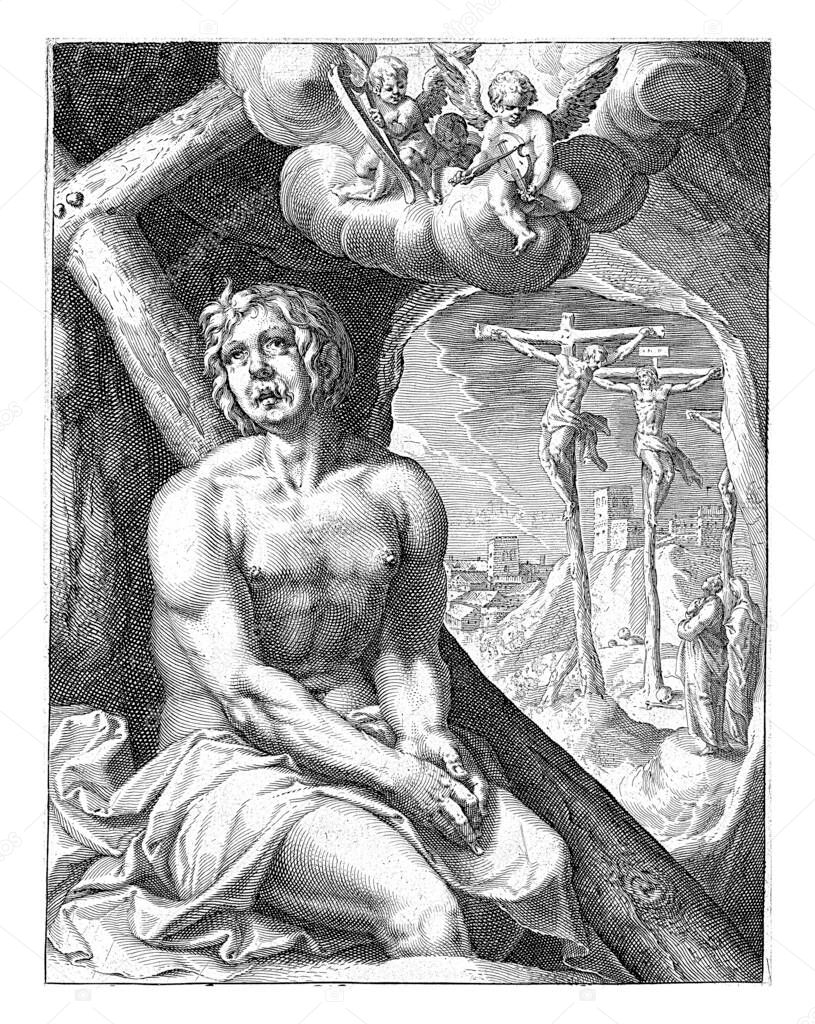 The good murderer, sitting against a wooden cross. In the background a scene from his life is depicted: he is hanging on the cross to the right of the crucified Christ and shows remorse, after which Christ promises him that he will enter paradise