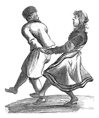 A fisherman with a fur cap on his head looks back at a young woman, which he carries to the left, dancing.