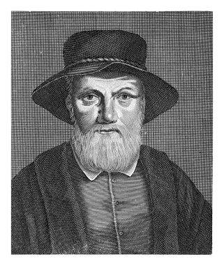 Portrait bust from the front of humanist and artist Dirck Volckertsz. Coornhert, with hat. Below the portrait is the name of the person portrayed, followed by a two-line text in Dutch.