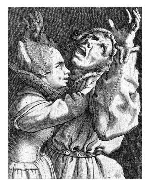 A richly dressed girl puts her arms around the neck of a jester, who raises his arms.