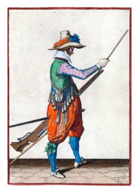 A soldier, full-length, to the right, holding a musket , with his left hand by his left thigh and sliding the ramrod in the holder under the barrel with his right hand. In his left hand