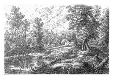 Landscape with a road along a lake, and further on a number of buildings and a church surrounded by a wall.