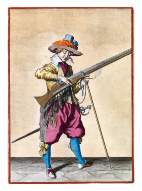 A soldier on guard, full-length, to the right, holding a musket (a type of firearm) with his left hand by the fork of the furket (musket fork) on which the barrel rests