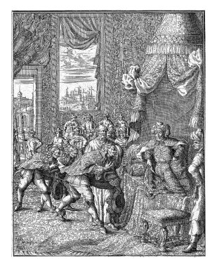 Vasco da Gama and his retinue bow to the king of Calcutta. The king is on a throne under a canopy. In the background a view of Calcutta.