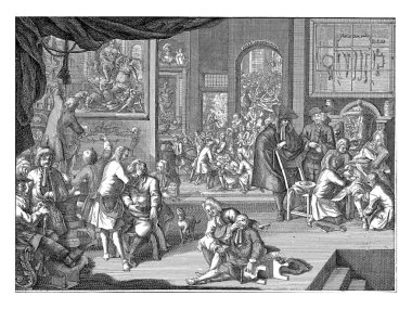 View in the workshop of the Surgeons Guild in Amsterdam, 1731. Different patients are helped in all kinds of ways.