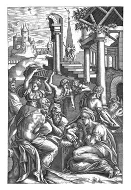 At the base of a classical building, the shepherds worship the Christ Child, held by Mary, who sits on the ground. To the left of the Child, also seated, Joseph with his staff