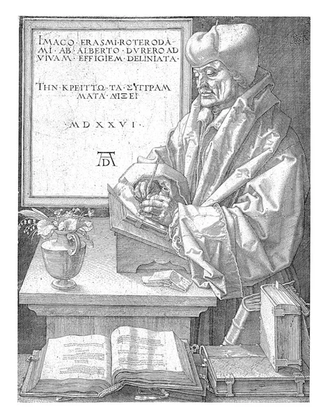 Portrait Erasmus Writing Standing Lectern Table Vase Flowers Table Tablet — Photo