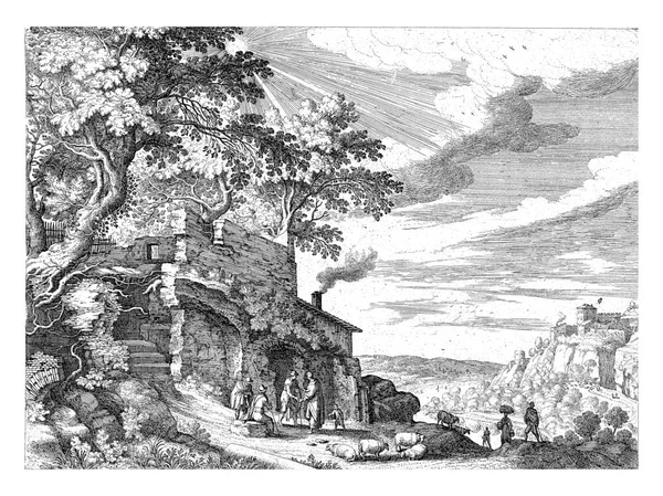 Front Ruin Which Partly Overgrown Trees Few Shepherds Sheep Right — Foto de Stock