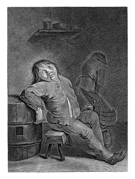Tavern Interior Peasant Sleeping Stool Leaning Ton Pipe His Left — Φωτογραφία Αρχείου