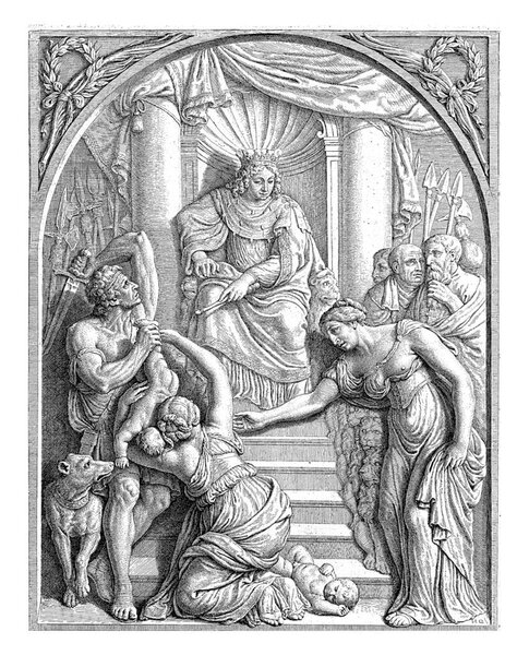 Relief with the judgment of Solomon in the Vierschaar of the City Hall on Dam Square in Amsterdam. King Solomon, from his throne, points with his staff a kneeling woman with a baby
