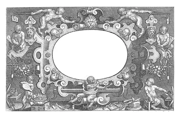 Title Print Title Cartouche Scrollwork Monkeys Working Goldsmiths Evidenced Inscription — Zdjęcie stockowe