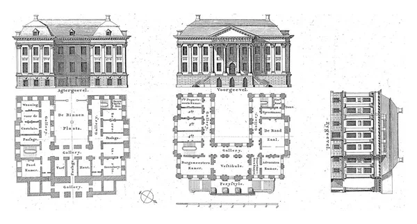 Rückfassade Vorderfassade Seitenfassade Und Die Zweigeschossigen Grundrisse Des 1810 Fertiggestellten — Stockfoto