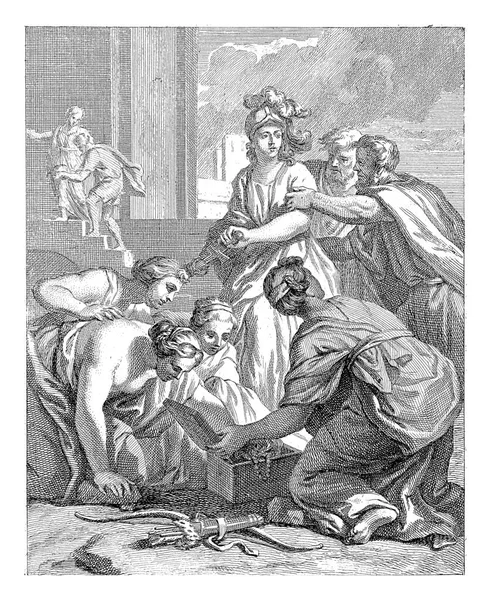 Daughters Lycomedes Sit Bent Jeweled Chest While Achilles Disguised Woman — Stockfoto