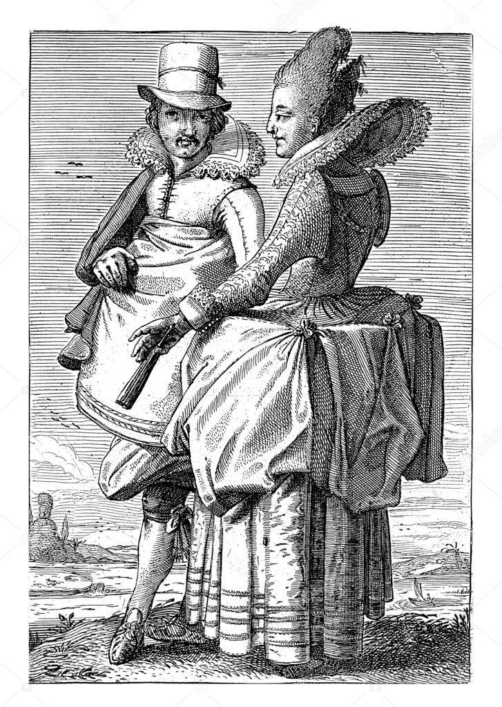 A man and woman in early seventeenth-century clothing. The woman is holding a fan. In the background a river with a sailing boat.