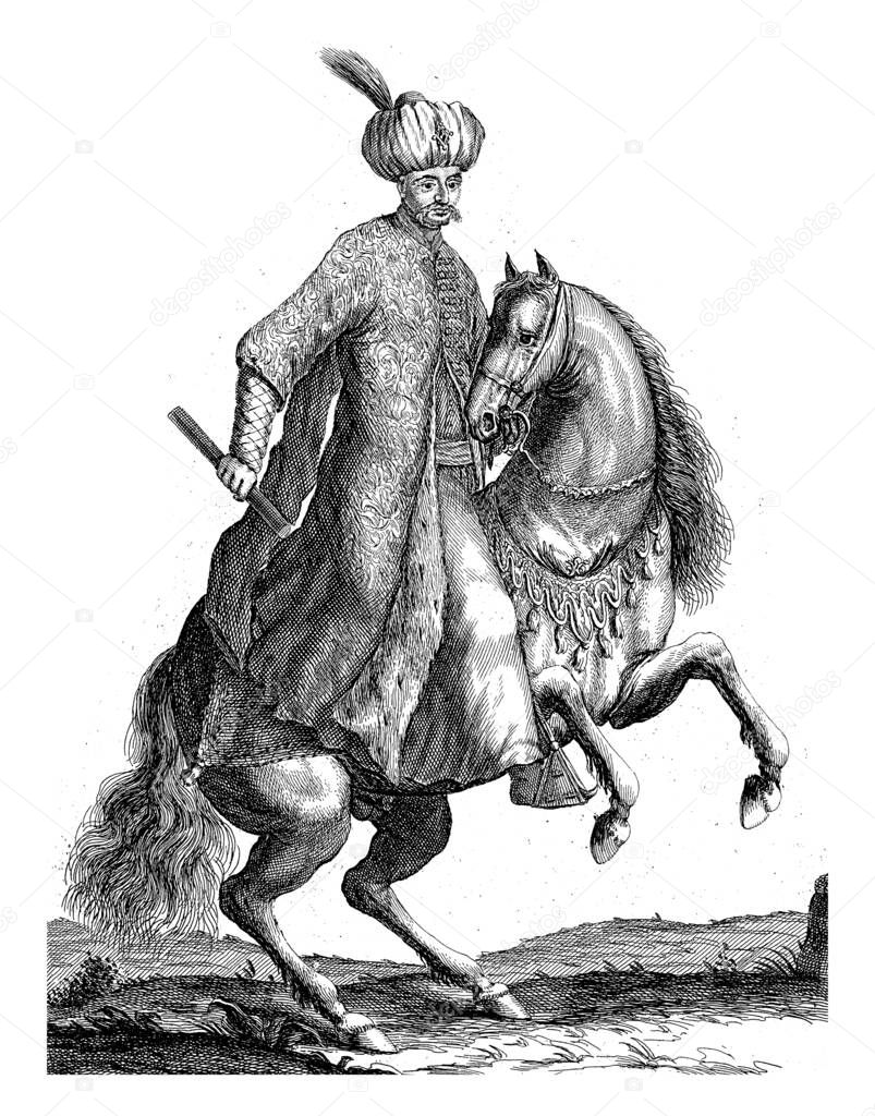 Portrait of Kara Mustafa, Grand Vizier in the Turkish army, on horseback with a command staff in his hand. At the bottom in the margin are name and position in Dutch.