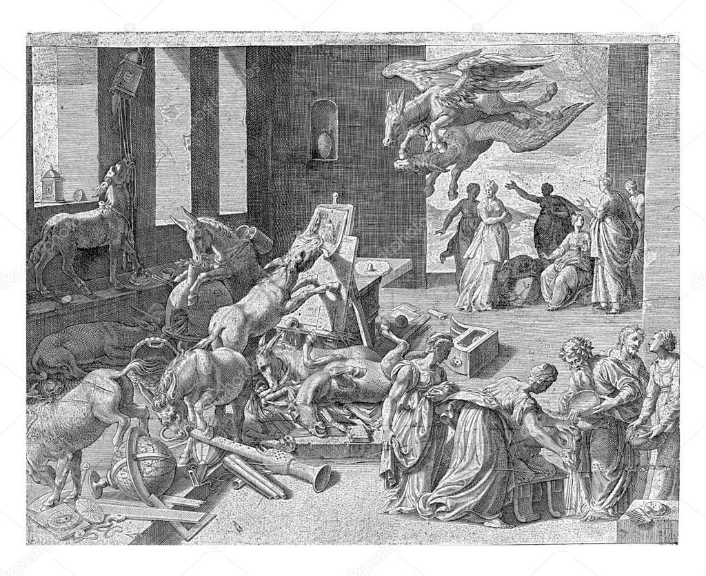 Allegory of the decline of appreciation for the arts and sciences. A horde of donkeys destroys the attributes of the liberal arts in an art room.