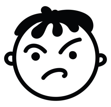 Siyah saçlı kızgın çocuk, ikon çizimi, beyaz arka planda vektör.