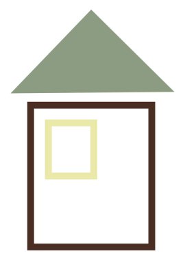 Tek pencereli ve yeşil çatılı ev, simge çizimi, beyaz arkaplanda vektör