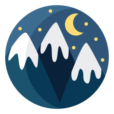 Geceleri karlı dağlar, ikon illüstrasyonu, beyaz arkaplanda vektör