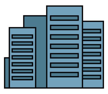 Beyaz arkaplanda mavi gökdelenler, illüstrasyon.