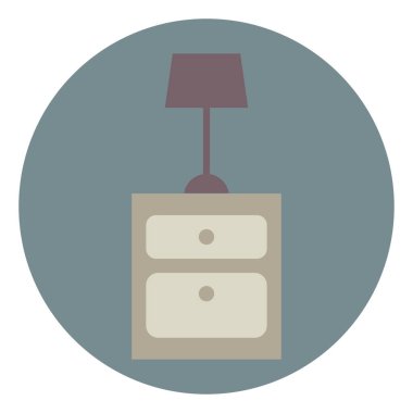 Beyaz arka planda lamba ve illüstrasyon olan komodin..