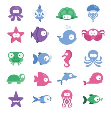 Beyaz arka planda deniz hayatı, illüstrasyon..