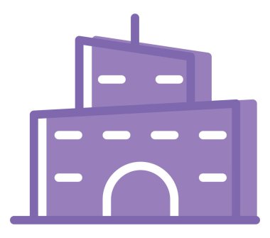 Beyaz arka planda küçük pencereli mor bina, illüstrasyon, vektör.